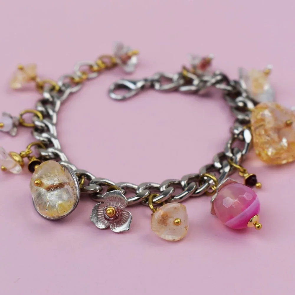 Chunky colorful charm silver chain bracelet, pink gemstone bead dangle bracelet